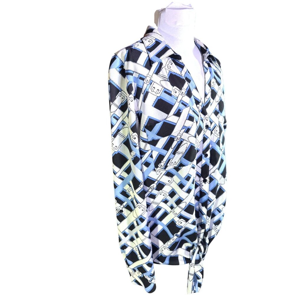 Jones New York Womens Button Up Blouse Tie Front Black Blue Patterned Size M - Picture 6 of 10